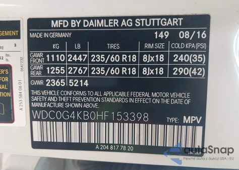 2017 Mercedes-Benz Glc 300 4Matic z USA, uszkodzony, nr VIN WDC0G4KB0HF153398